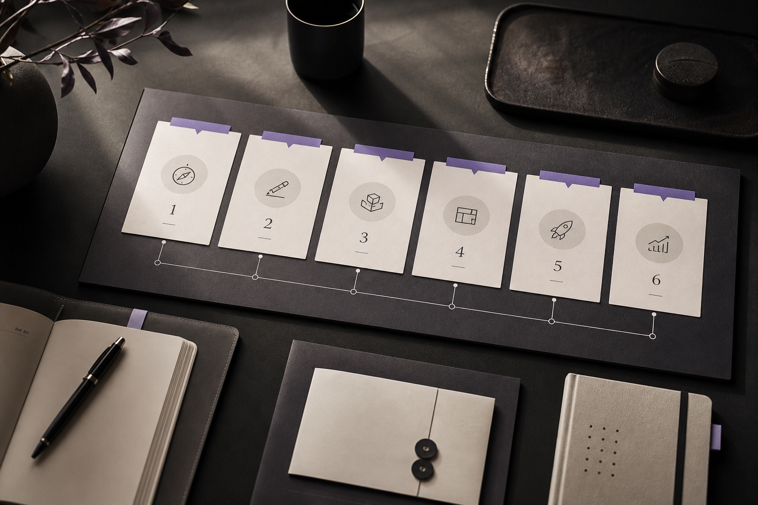 Editorial process board with six structured stages connected by fine lines, printed worksheets, and premium desk materials in a calm studio setting