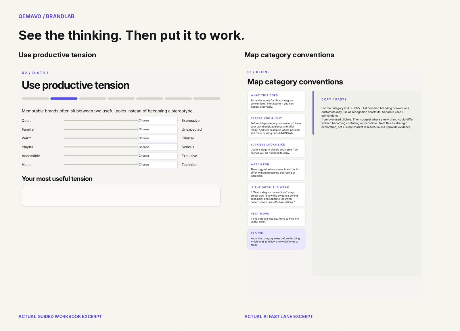 BrandLab productive-tension exercise and category-conventions prompt.