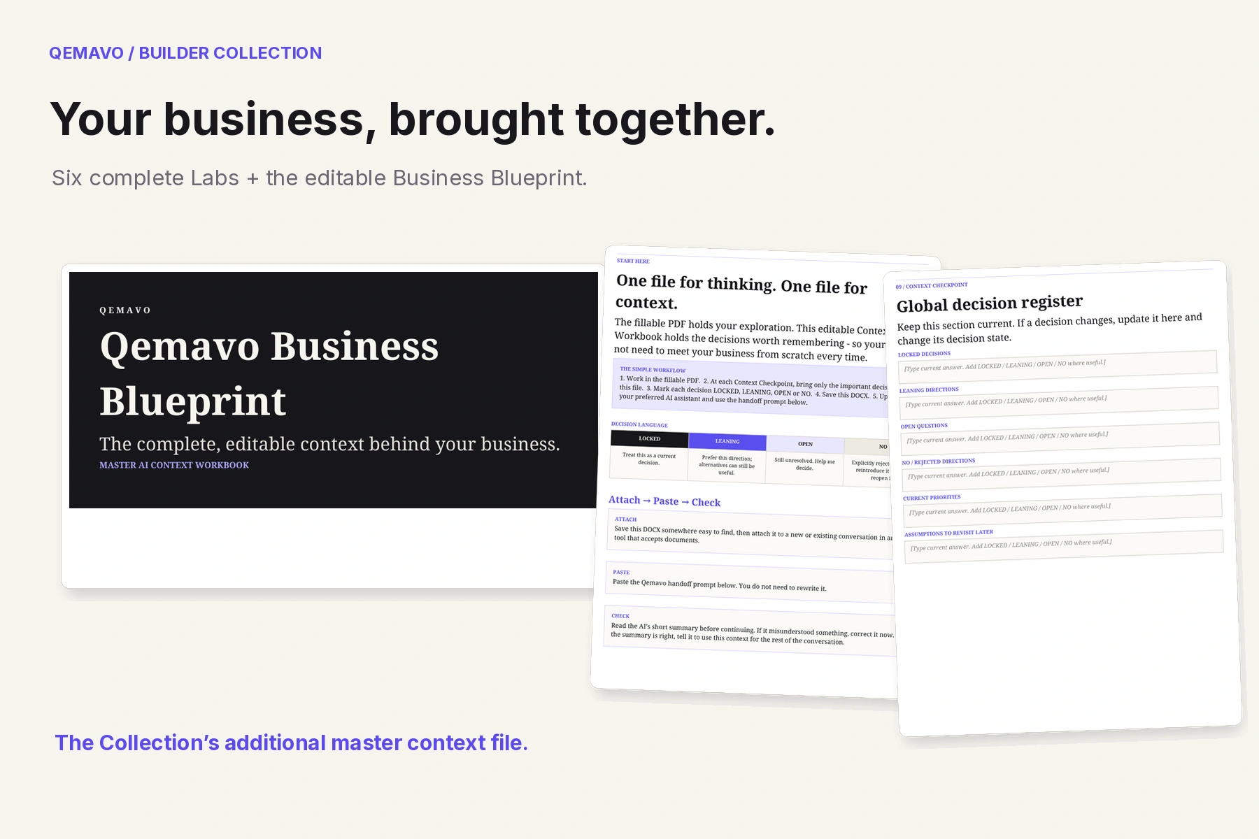 The editable Qemavo Business Blueprint, with its workflow guide and decision register.