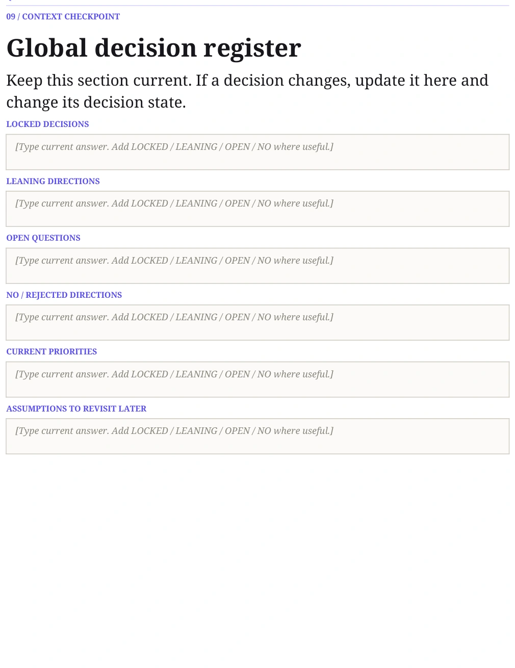 Editable Business Blueprint register for decisions, priorities and open questions.