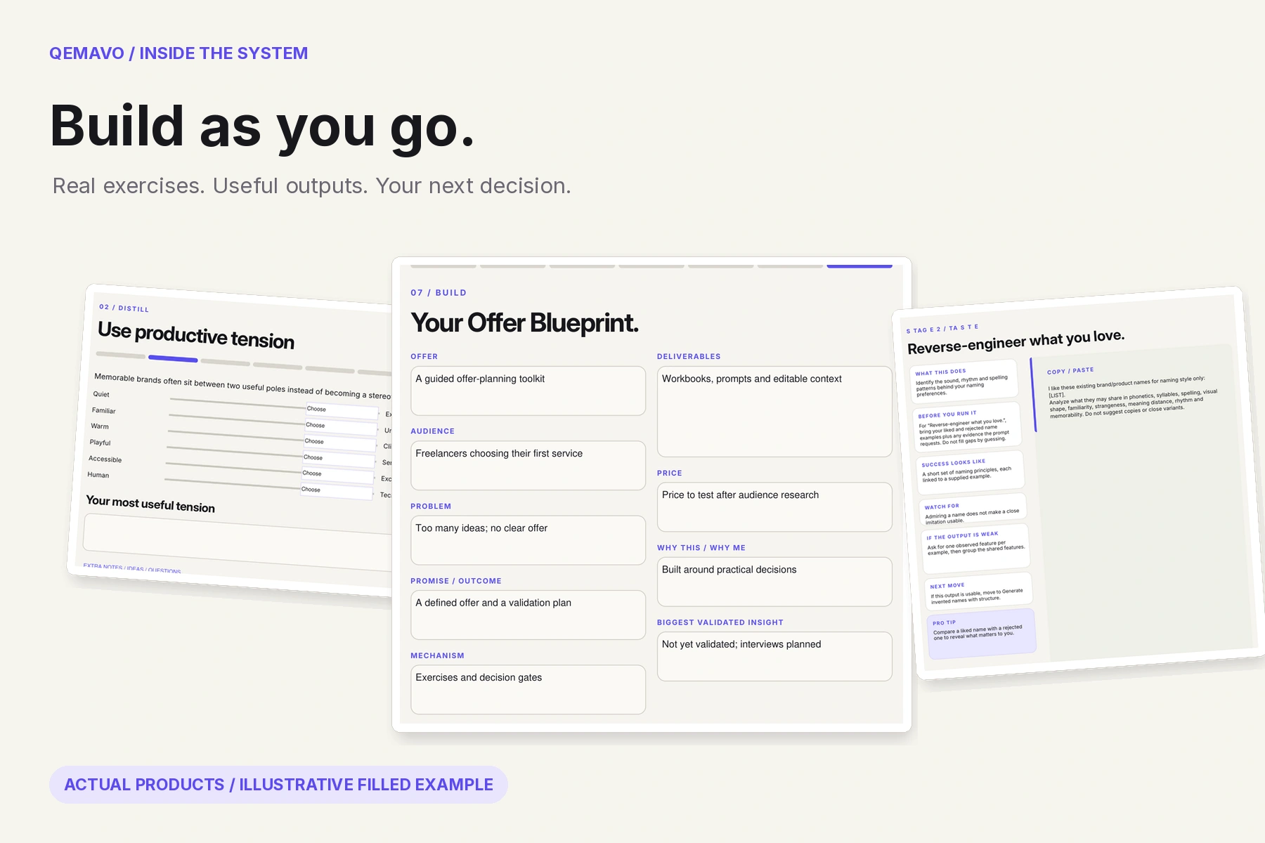 Qemavo exercises, an illustrative filled Offer Blueprint and coached AI prompt.