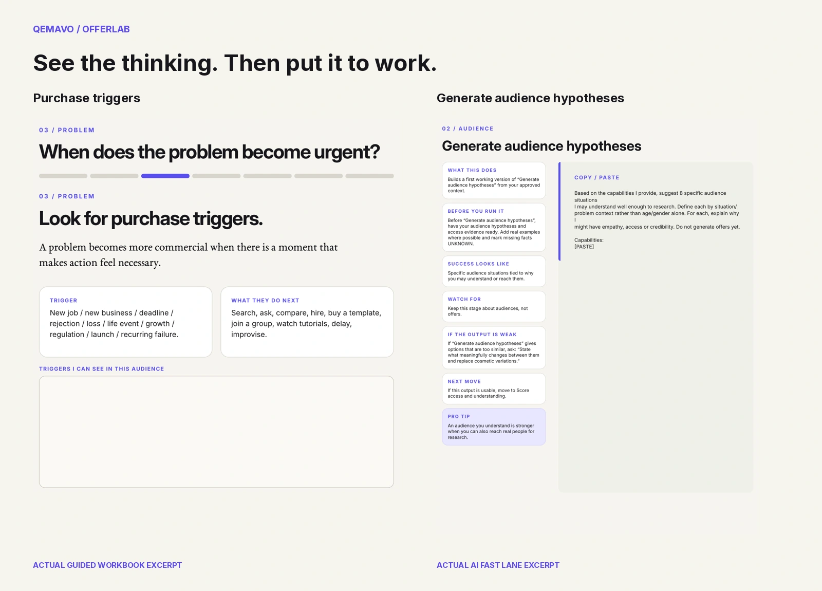 OfferLab purchase triggers exercise and coached audience-hypothesis prompt.