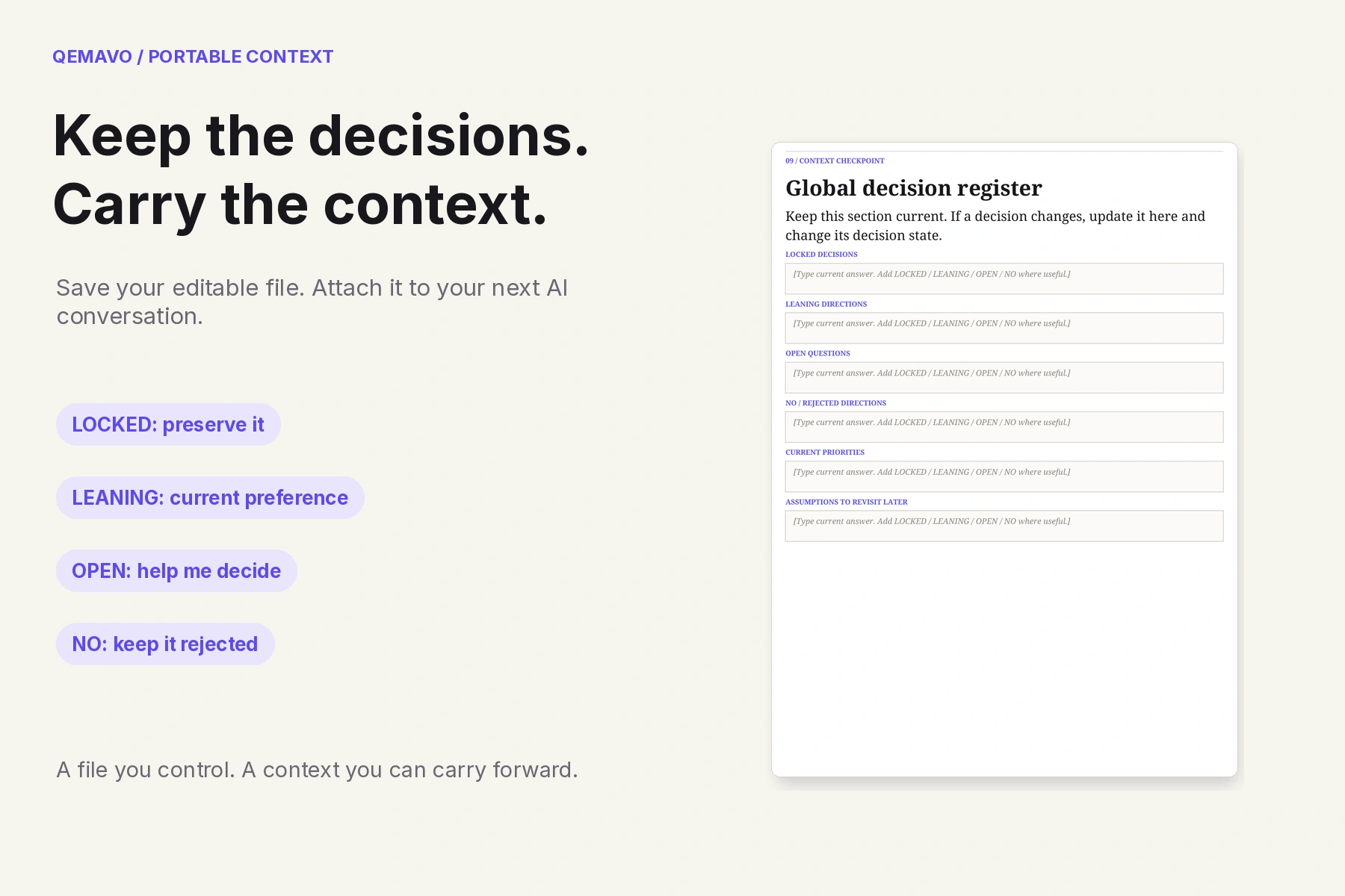 Business decisions recorded as locked, leaning, open or rejected in an editable context file.