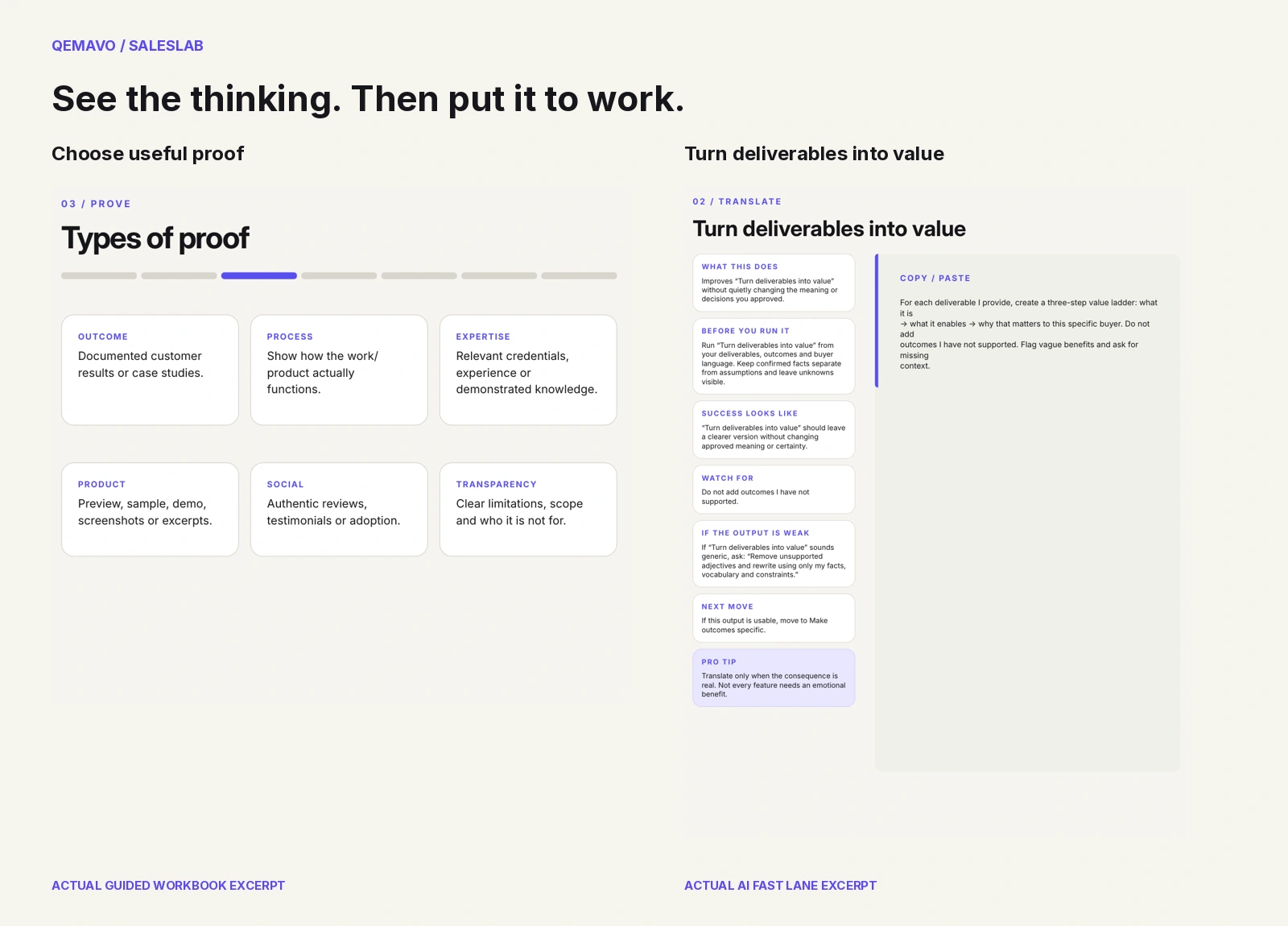 SalesLab proof types and a prompt for translating deliverables into value.